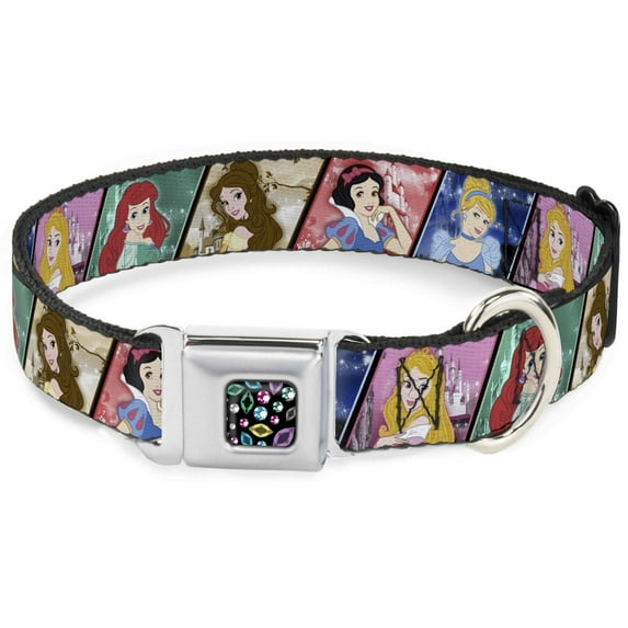 Disney Pet Collar, Dog Collar Metal Seatbelt Buckle, Disney Princess Poses Castle Blocks, 20 to 31 Inches 1.5 Inch Wide