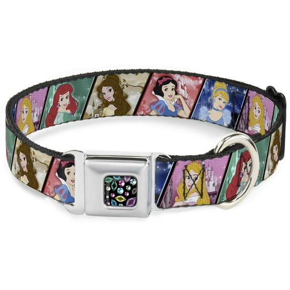 Disney Pet Collar, Dog Collar Metal Seatbelt Buckle, Disney Princess Poses Castle Blocks, 9.5 to 13 Inches 1.0 Inch Wide