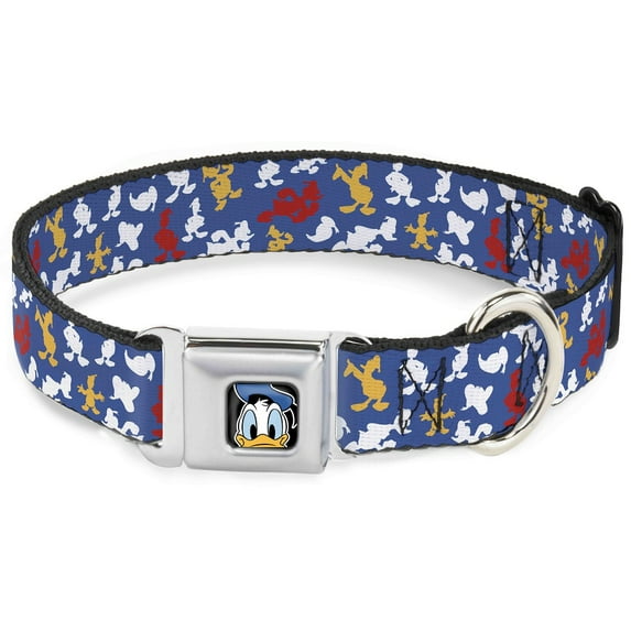 Disney Pet Collar, Dog Collar Metal Seatbelt Buckle, Donald Duck Face Poses Scattered Blue White Red Yellow, 16 to 23 Inches 1.5 Inch Wide