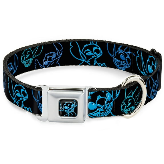 Disney Pet Collar, Dog Collar Metal Seatbelt Buckle, Electric Stitch Poses Black Neon Blue, 11 to 16.5 Inches 1.0 Inch Wide