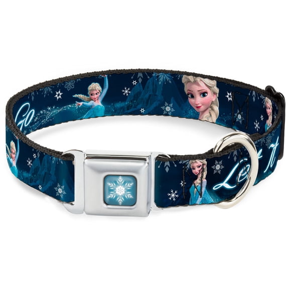 Disney Pet Collar, Dog Collar Metal Seatbelt Buckle, Elsa the Snow Queen Poses Snowflakes Let It Go Blues White, 20 to 31 Inches 1.5 Inch Wide