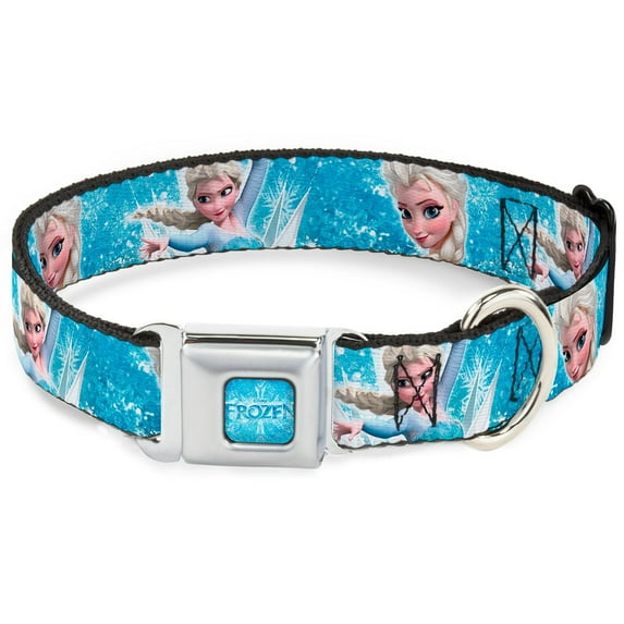 Disney Pet Collar, Dog Collar Metal Seatbelt Buckle, Frozen Elsa Face Action Pose Snowflakes Blues White, 20 to 31 Inches 1.5 Inch Wide