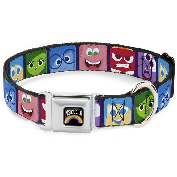 Disney Pet Collar, Dog Collar Metal Seatbelt Buckle, Inside Out Character Expression Blocks Purple Multi Color, 20 to 31 Inches 1.5 Inch Wide