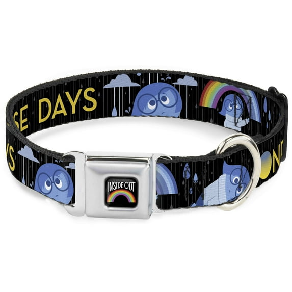 Disney Pet Collar, Dog Collar Metal Seatbelt Buckle, Joy Poses Rain One of Those Days Black Gray Blues Yellow, 16 to 23 Inches 1.5 Inch Wide