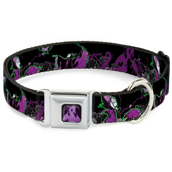 Disney Pet Collar, Dog Collar Metal Seatbelt Buckle, Maleficent Diablo Black Roses Purples, 15 to 24 Inches 1.0 Inch Wide
