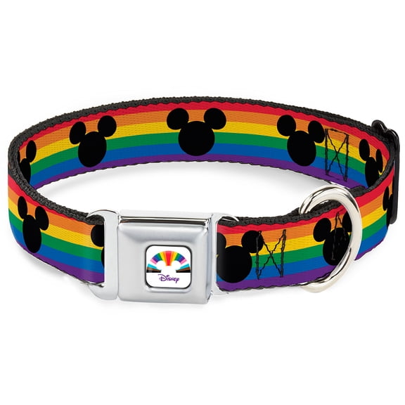 Disney Pet Collar, Dog Collar Metal Seatbelt Buckle, Mickey Mouse Ears Icon Rainbow Pride Flag, 9.5 to 13 Inches 1.0 Inch Wide