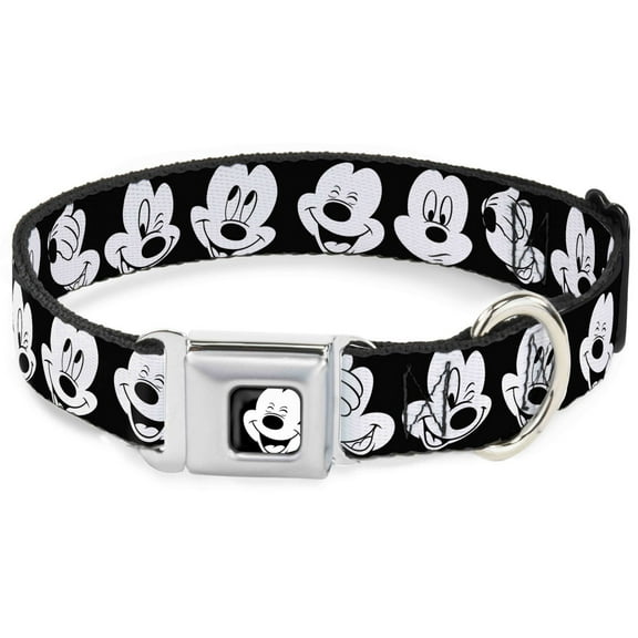 Disney Pet Collar, Dog Collar Metal Seatbelt Buckle, Mickey Mouse Expressions Close Up Black White, 15 to 24 Inches 1.0 Inch Wide