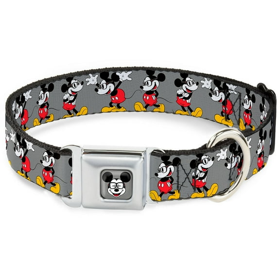 Disney Pet Collar, Dog Collar Metal Seatbelt Buckle, Mickey Mouse Glasses Poses Gray, 11 to 16.5 Inches 1.0 Inch Wide