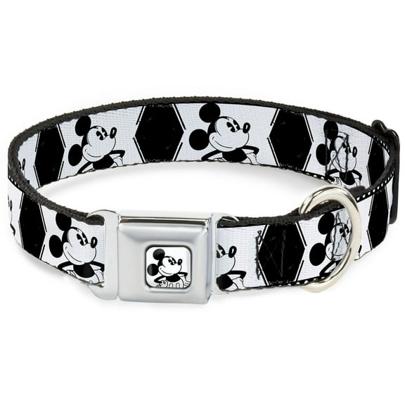 Disney Pet Collar, Dog Collar Metal Seatbelt Buckle, Mickey Standing Pose Film Strip White Black, 16 to 23 Inches 1.5 Inch Wide
