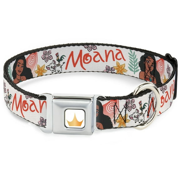 Disney Pet Collar, Dog Collar Metal Seatbelt Buckle, Moana with Pua and Hei Hei Sail Pose with Script Beige Orange, 9.5 to 13 Inches 1.0 Inch Wide