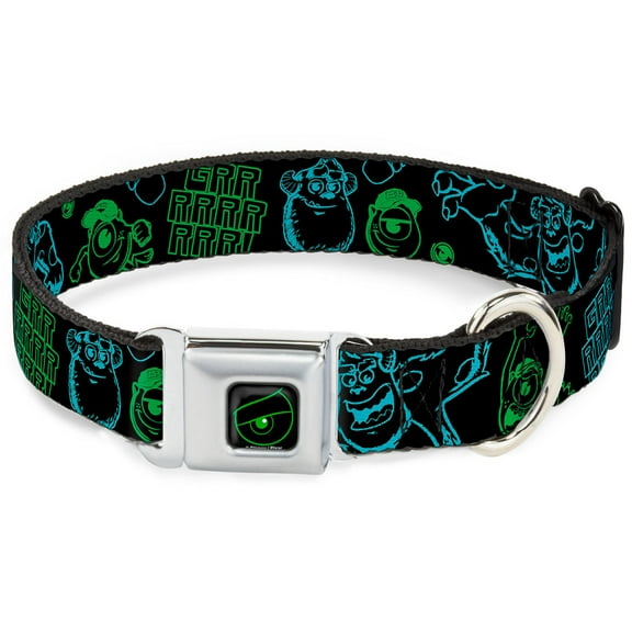 Disney Pet Collar, Dog Collar Metal Seatbelt Buckle, Monsters Inc Sully Mike Poses Grrrrr Black Turquoise Green, 15 to 24 Inches 1.0 Inch Wide