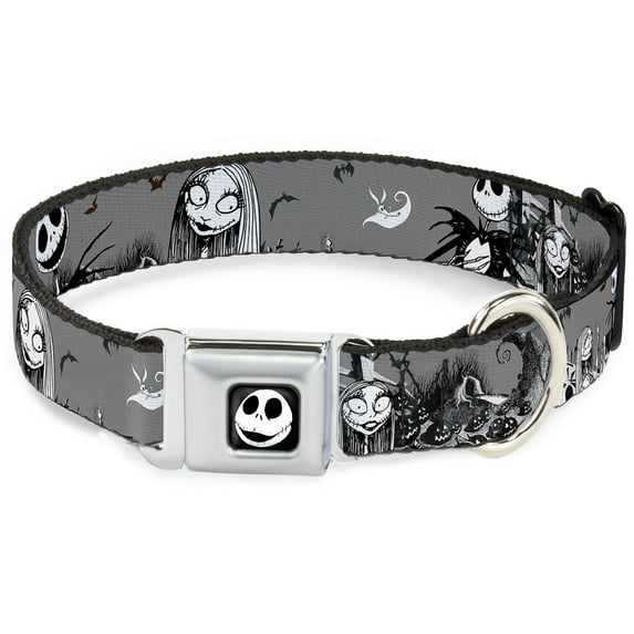 Disney Pet Collar, Dog Collar Metal Seatbelt Buckle, Nightmare Before Christmas Jack Sally Cemetery Scene Gray, 11 to 16.5 Inches 1.0 Inch Wide