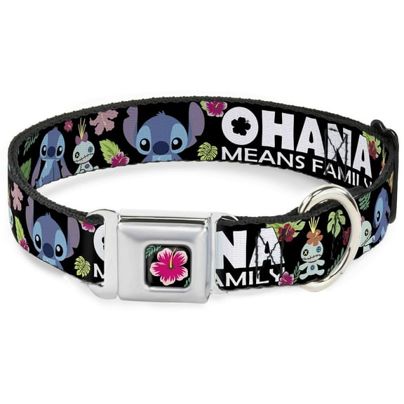 Disney Pet Collar, Dog Collar Metal Seatbelt Buckle, Ohana Means Family Stitch Scrump Poses Tropical Flora Black, 11 to 16.5 Inches 1.0 Inch Wide