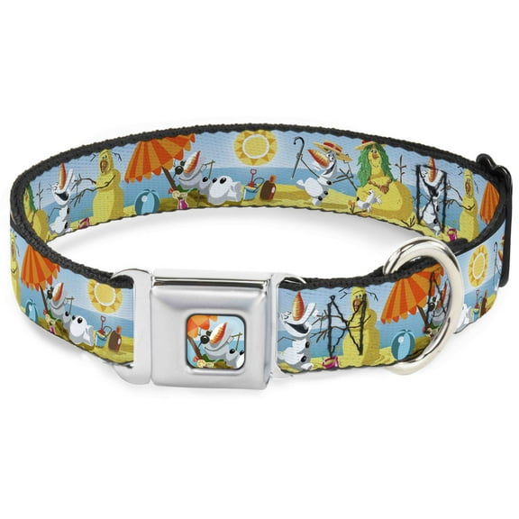 Disney Pet Collar, Dog Collar Metal Seatbelt Buckle, Olaf Summertime Beach Scenes, 16 to 23 Inches 1.5 Inch Wide