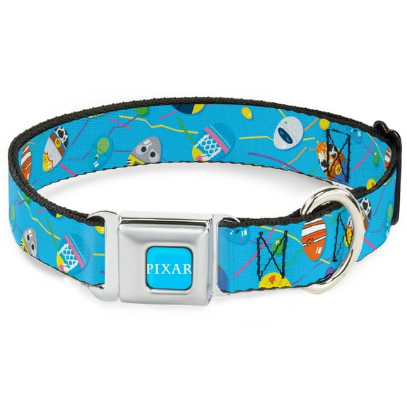 Disney Pet Collar, Dog Collar Metal Seatbelt Buckle, Pixar Holiday Collection Easter Egg Characters Scattered Blue, 15 to 24 Inches 1.0 Inch Wide