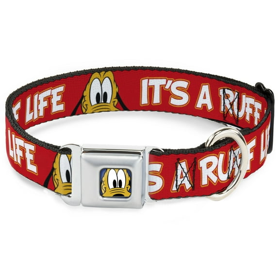 Disney Pet Collar, Dog Collar Metal Seatbelt Buckle, Pluto 2 Pose Its A Ruff Life Red Yellow White, 16 to 23 Inches 1.5 Inch Wide