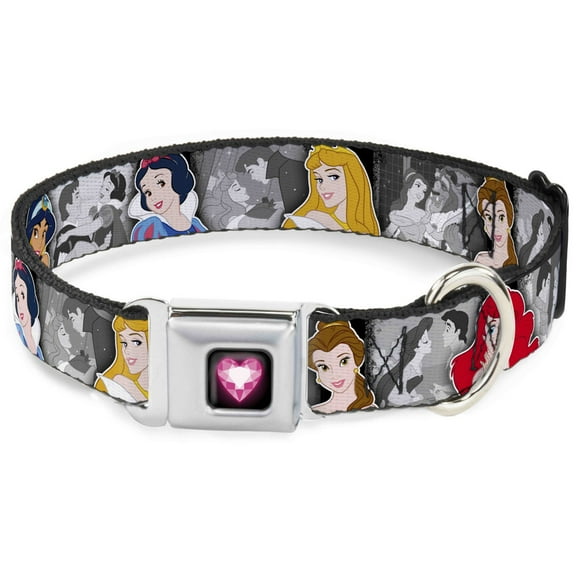 Disney Pet Collar, Dog Collar Metal Seatbelt Buckle, Princess Pose Princess Prince Scene Grays Multi Color, 16 to 23 Inches 1.5 Inch Wide