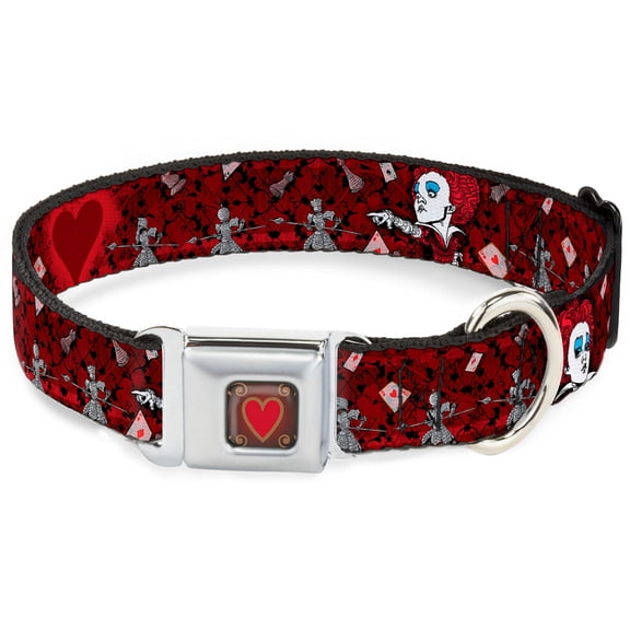 Disney Pet Collar, Dog Collar Metal Seatbelt Buckle, Queen of Hearts Poses Hearts Cards Reds Black, 15 to 24 Inches 1.0 Inch Wide