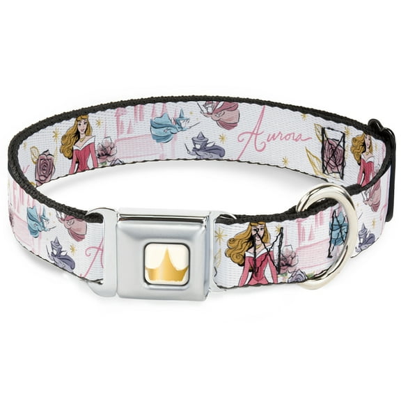 Disney Pet Collar, Dog Collar Metal Seatbelt Buckle, Sleeping Beauty Aurora and Fairy Godmothers Pose with Script, 15 to 24 Inches 1.0 Inch Wide