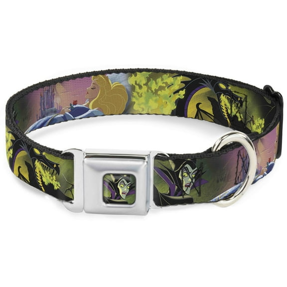 Disney Pet Collar, Dog Collar Metal Seatbelt Buckle, Sleeping Beauty Maleficent Dragon Scenes, 15 to 24 Inches 1.0 Inch Wide