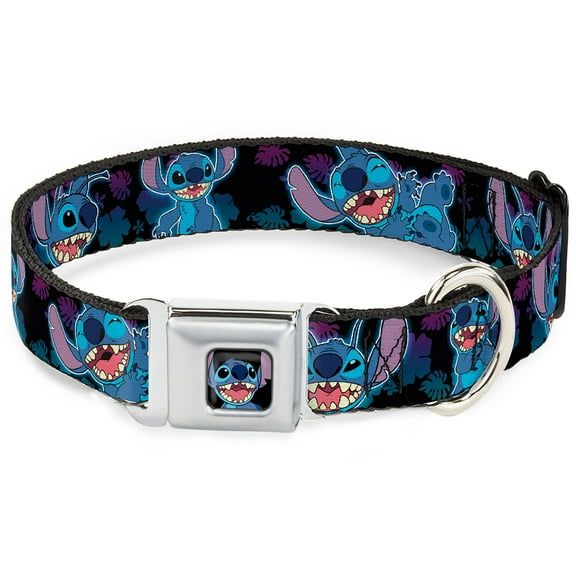 Disney Pet Collar, Dog Collar Metal Seatbelt Buckle, Stitch Expressions and Poses Tropical Black Purple Blue Fade, 15 to 24 Inches 1.0 Inch Wide