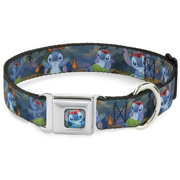 Disney Pet Collar, Dog Collar Metal Seatbelt Buckle, Stitch Hula Dance Poses, 9.5 to 13 Inches 1.0 Inch Wide