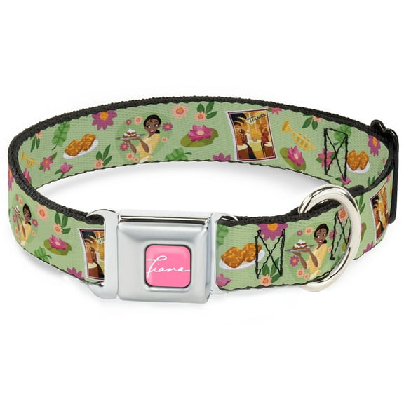Disney Pet Collar, Dog Collar Metal Seatbelt Buckle, The Princess and the Frog Tianas Place Collage Greens Pinks, 9.5 to 13 Inches 1.0 Inch Wide