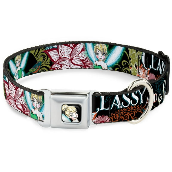 Disney Pet Collar, Dog Collar Metal Seatbelt Buckle, Tinker Bell Floral Collage Classy And Sassy, 15 to 24 Inches 1.0 Inch Wide