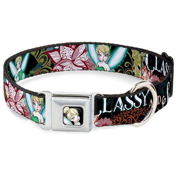 Disney Pet Collar, Dog Collar Metal Seatbelt Buckle, Tinker Bell Floral Collage Classy And Sassy, 16 to 23 Inches 1.5 Inch Wide