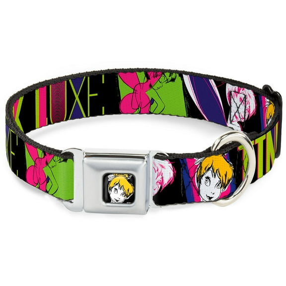 Disney Pet Collar, Dog Collar Metal Seatbelt Buckle, Tinker Bell Luxe Sketch Black Multi Neon, 15 to 24 Inches 1.0 Inch Wide