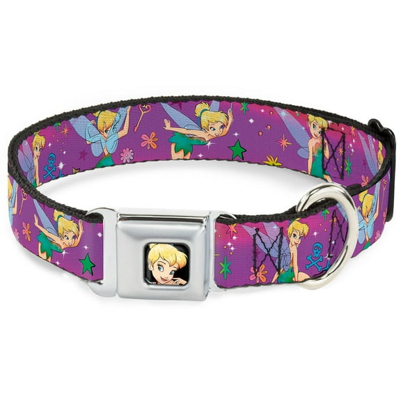 Disney Pet Collar, Dog Collar Metal Seatbelt Buckle, Tinker Bell Poses Flowers Stars Skull Purple, 9.5 to 13 Inches 1.0 Inch Wide