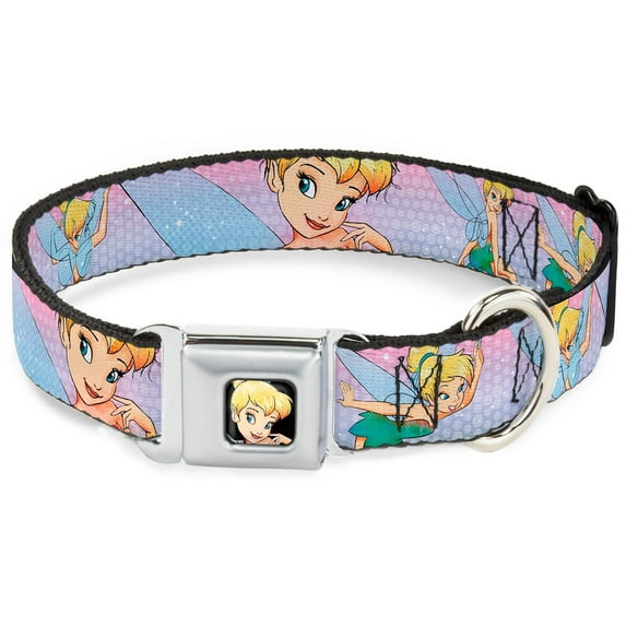 Disney Pet Collar, Dog Collar Metal Seatbelt Buckle, Tinker Bell Poses Purple Pink Fade, 13 to 17 Inches 1.5 Inch Wide