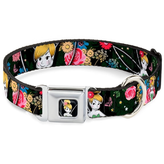 Disney Pet Collar, Dog Collar Metal Seatbelt Buckle, Tinker Bell Poses Sleeping Floral Collage, 11 to 16.5 Inches 1.0 Inch Wide