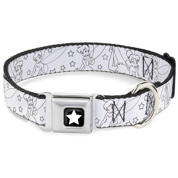 Disney Pet Collar, Dog Collar Metal Seatbelt Buckle, Tinker Bell Poses Stars Outline White Black, 9.5 to 13 Inches 1.0 Inch Wide