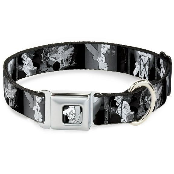 Disney Pet Collar, Dog Collar Metal Seatbelt Buckle, Tinker Bell Scenes Black White, 11 to 16.5 Inches 1.0 Inch Wide