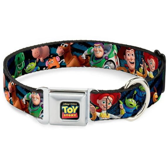 Disney Pet Collar, Dog Collar Metal Seatbelt Buckle, Toy Story Characters Running Denim Rays, 16 to 23 Inches 1.5 Inch Wide