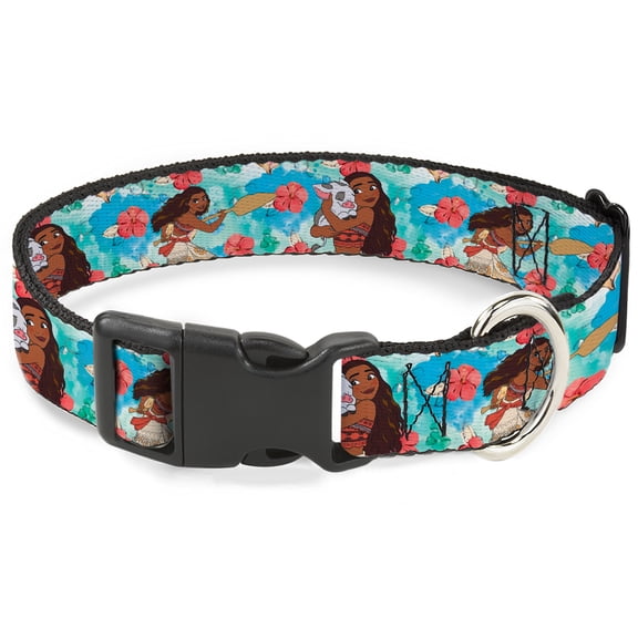 Disney Pet Collar, Dog Collar Plastic Buckle, Moana Poses and Pua Flowers Blues, 15 to 24 Inches 1.0 Inch Wide
