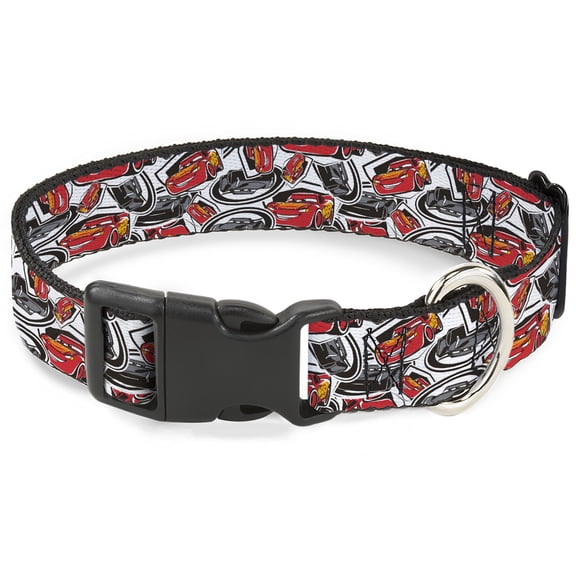 Disney Pet Collar, Dog Collar Plastic Buckle, Cars 3 Lightning McQueen Storm Jackson Poses Scattered White, 15 to 24 Inches 1.0 Inch Wide