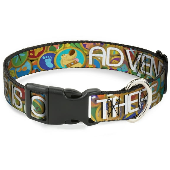 Disney Pet Collar, Dog Collar Plastic Buckle, Adventure Is Out There Stacked Wilderness Explorer Badges Tan, 15 to 24 Inches 1.0 Inch Wide