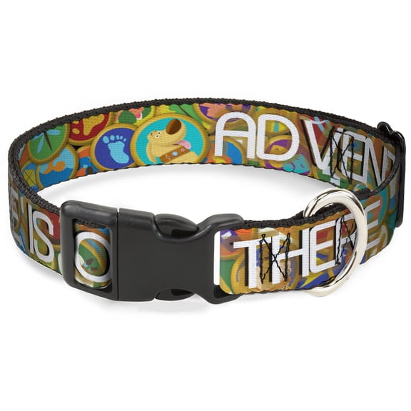 Disney Pet Collar, Dog Collar Plastic Buckle, Adventure Is Out There Stacked Wilderness Explorer Badges Tan, 8.5 to 12 Inches 0.5 Inch Wide