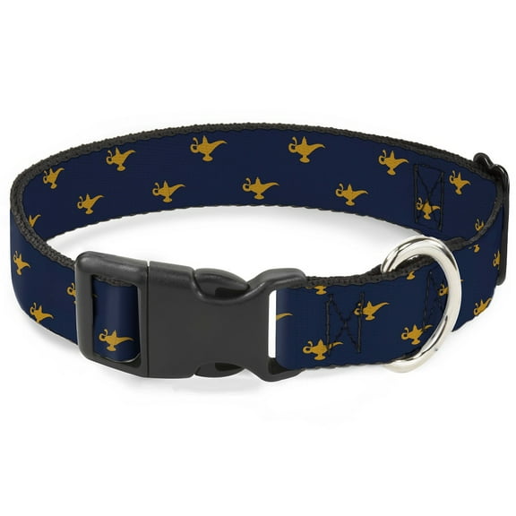 Disney Pet Collar, Dog Collar Plastic Buckle, Aladdin Genie Lamp Monogram Navy Gold, 9.5 to 14.5 Inches 0.5 Inch Wide