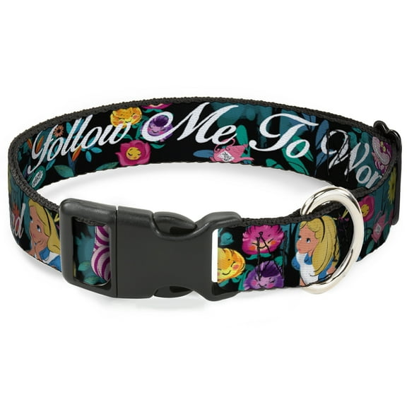 Disney Pet Collar, Dog Collar Plastic Buckle, Alice Cheshire Cat Flowers Poses2 Follow Me to Wonderland, 9.5 to 13 Inches 1.0 Inch Wide