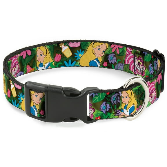 Disney Pet Collar, Dog Collar Plastic Buckle, Alice Cheshire Cat Poses Flowers, 11 to 16.5 Inches 1.0 Inch Wide