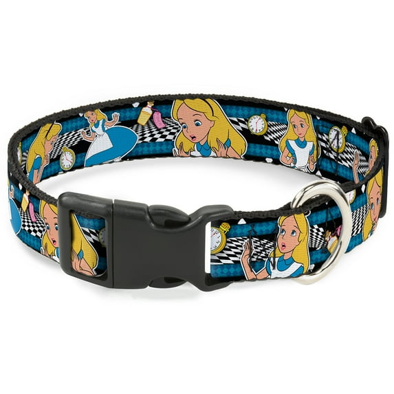 Disney Pet Collar, Dog Collar Plastic Buckle, Alice In Wonderland Poses Clock Bottle Black White Blues, 9.5 to 14.5 Inches 0.5 Inch Wide