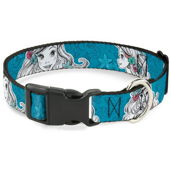 Disney Pet Collar, Dog Collar Plastic Buckle, Ariel Poses Shells Sketch Blue White, 16 to 23 Inches 1.5 Inch Wide