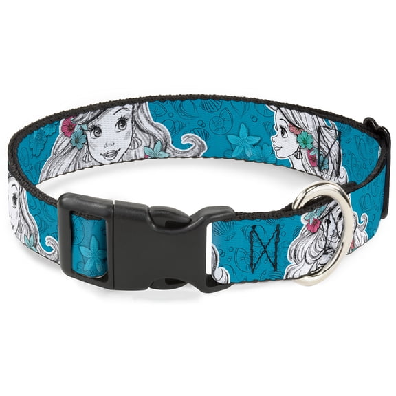 Disney Pet Collar, Dog Collar Plastic Buckle, Ariel Poses Shells Sketch Blue White, 9.5 to 13 Inches 1.0 Inch Wide
