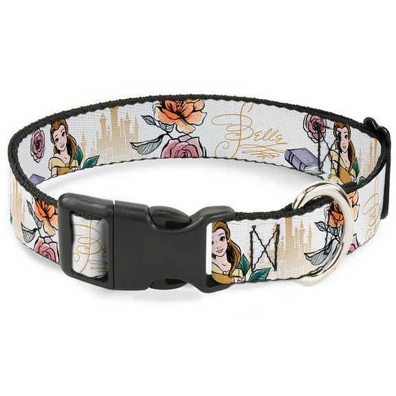 Disney Pet Collar, Dog Collar Plastic Buckle, Beauty and the Beast Belle Castle Pose with Script, 11 to 16.5 Inches 1.0 Inch Wide