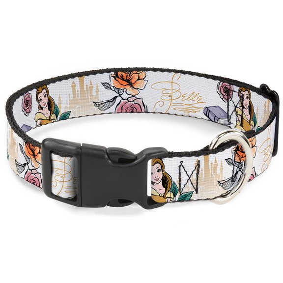 Disney Pet Collar, Dog Collar Plastic Buckle, Beauty and the Beast Belle Castle Pose with Script, 8.5 to 12 Inches 0.5 Inch Wide