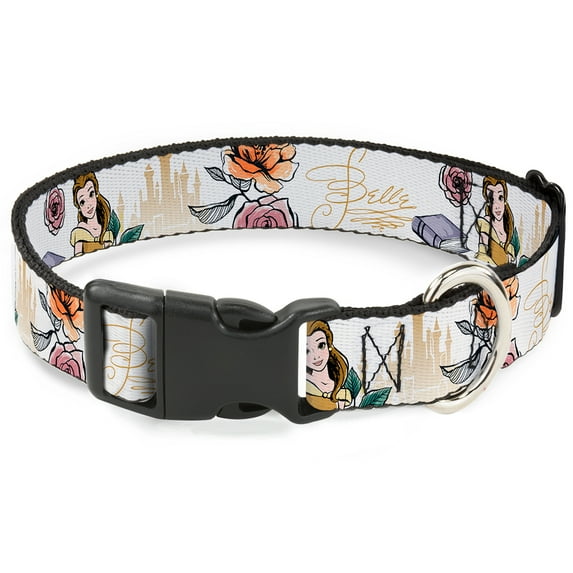 Disney Pet Collar, Dog Collar Plastic Buckle, Beauty and the Beast Belle Castle Pose with Script, 9.5 to 14.5 Inches 0.5 Inch Wide