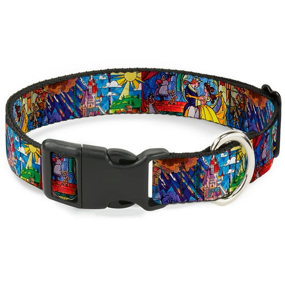 Disney Pet Collar, Dog Collar Plastic Buckle, Beauty the Beast Stained Glass Scenes, 7 to 8.5 Inches 0.5 Inch Wide